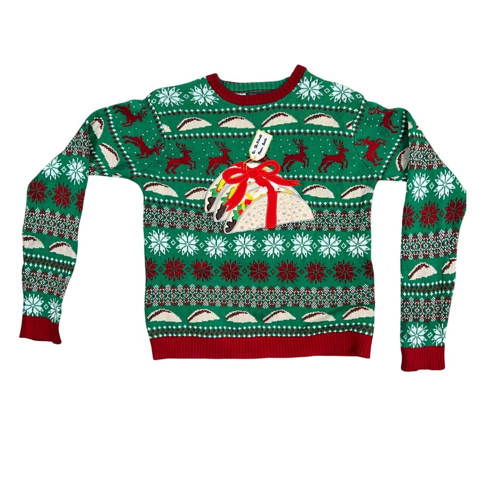 33โ Degrees Ugly Christmas Sweater Green Taco Reindeer Snowflakes Size L